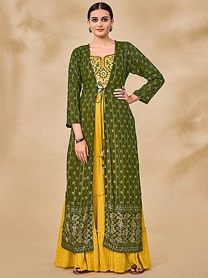 Georgette Yellow Designer Sharara Suit with All-Over Thread-Sequins Work and Green Jacket