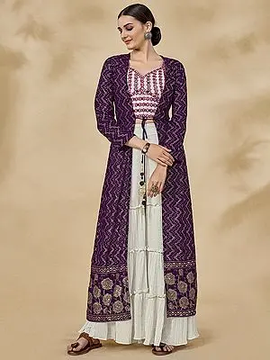 Georgette Sharara Suit with Chevron Motif Thread-Sequins Work Soft Net Purple Jacket