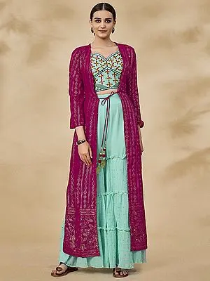 Georgette Sharara Suit with Thread-Sequins Work Soft Net Pink Jacket