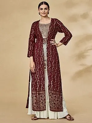 Georgette Sharara Suit with Leaf Chevron Pattern Thread-Sequins Work Soft Net Maroon Jacket