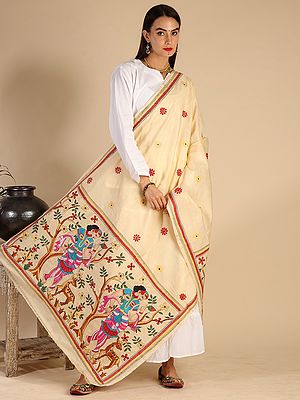 Cloud-Ceam Kantha Dupatta Depicting Multicolored Heavy Hand Embroidered Shankuntala In Upavan From Bengal
