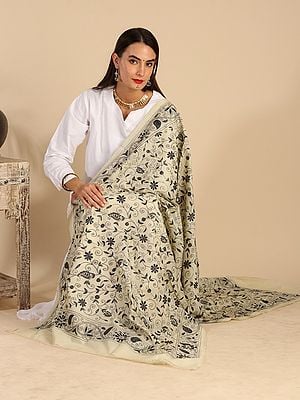 Hay Colored Semi-Tussar Nakshi Kantha Dupatta With Contrast Black Heavy Hand Embroidered All-Over Paisley Butta Motif From Bengal