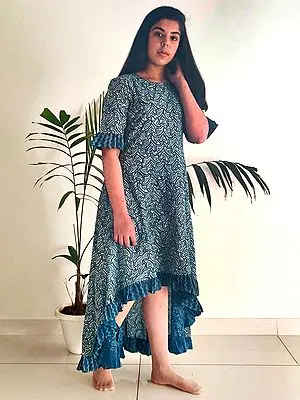 Indigo Ruffled-Bottom Dress with Abstract Pattern Print