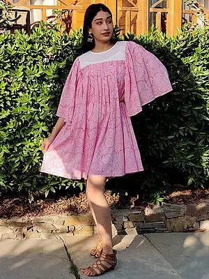 Pink Cotton Flowy Tent Dress with Japanese Swirl Print Pattern