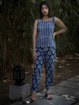 Blue Peacock Feather Print Cotton Pants with Flap & Button on the Bottom