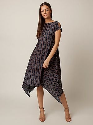 Asymmetrical Hem Style Cotton A-Line Dress With Mango-Chevron Pattern Print