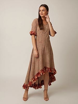 Cream Cotton Check Pattern Printed Gown With Hi-Low Ruffled Bottom