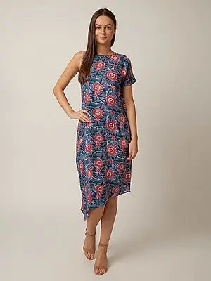 Blue Rayon Asymmetrical One Side Cold-Shoulder Printed Kurta