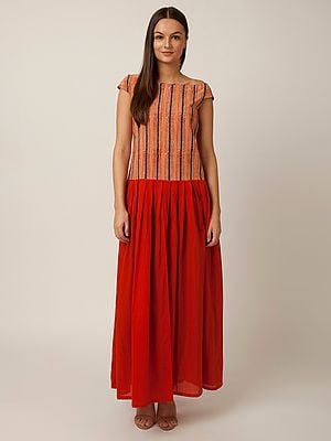Rust-Red Cotton Front Slit Colorblock Pleated Boat-Neck Kurta