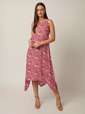 Pink Rayon Asymmetrical Printed Kurta with Triangle Hem in The Back
