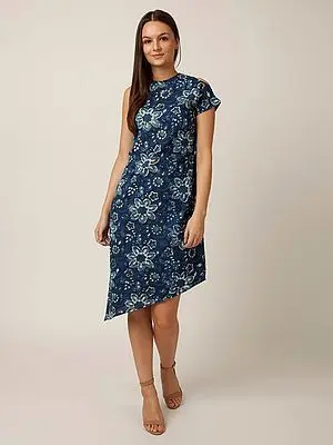 Indigo-Blue Cotton Asymmetrical Style One Shoulder Floral Printed Kurta