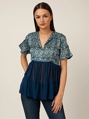Blue Silk And Georgette Bell Sleeves Top With Geometric Pattern Print