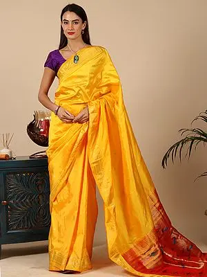 Yellow Kairi Butta Paithani Saree from Maharashtra with Saada Double Pallu Peacock Kunda