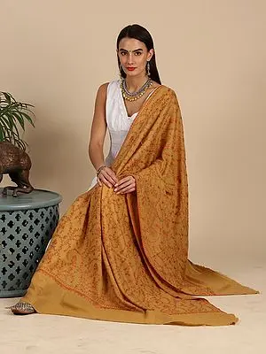 Honey-Mustard Pure Wool Hand-Embroidered Sozni Shawl with Phool-Jaal
