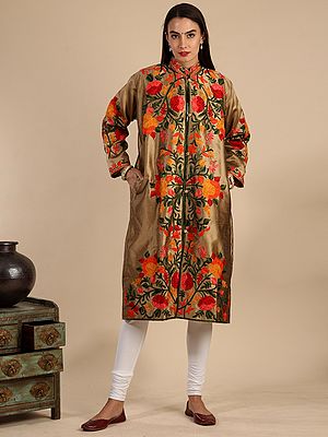 Art Silk Long Jacket From Kashmir With Aari-Embroidered All-Over Giant Floral Vine