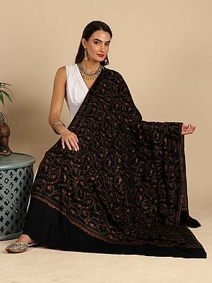 Midnight-Black Floral Jaal Hand-Embroidered Pure Wool Sozni Shawl