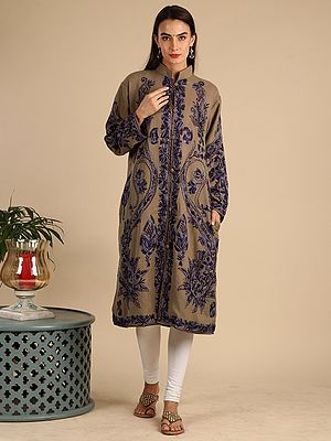 Iced-Coffee Wool Long Jacket From Kashmir With Aari-Embroidered Paisley-Floral Motif
