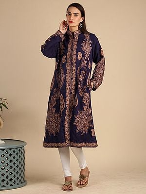 Blue-Ribbon Wool Long Jacket With All-Over Aari-Embroidered Mango-Floral Motif From Kashmir