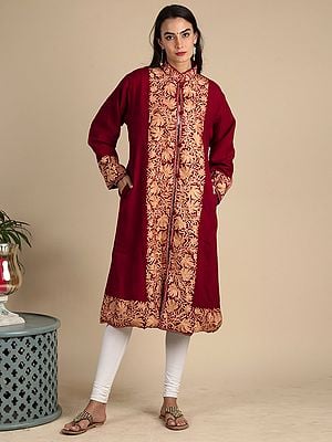 Wool Long Jacket From Kashmir With Aari-Embroidered All-Over Phool Bail Pattern