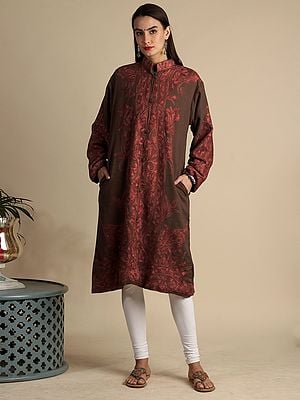 Chocolate-Lab Long Wool Jacket From Kashmir With Floral Leaf Motif Aari-Embroidery By Hand