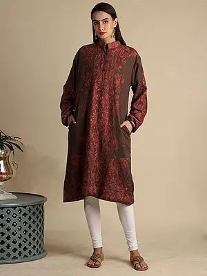 Chocolate-Lab Long Wool Jacket from Kashmir with Floral Leaf Motif Aari-Embroidery by Hand