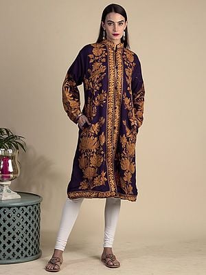 Violet-Indigo All-Over Aari-Embroidered Giant Phool Bail Motif Wool Long Jacket From Kashmir