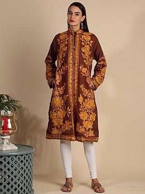 Cocoa-Brown Long Wool Jacket From Kashmir With Aari-Embroidered Giant Leaves And Flowers All-Over