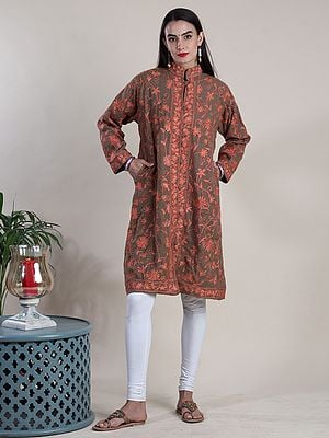 Chocolate-Malt Long Wool Jacket From Kashmir With Aari-Embroidered Kalka-Phool Motif All-Over