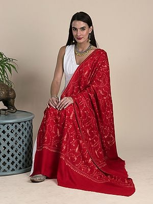 True-Red Floral Jaal Hand-Embroidered Pure Wool Sozni Shawl