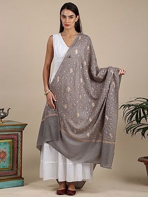 Frost-Gray Pure Wool Sozni Shawl Hand-Embroidered Flower Jaal