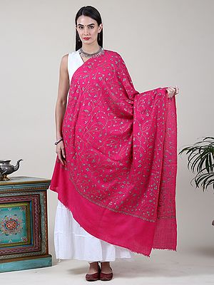 Very-Berry Hand-Embroidered Pure Wool Sozni Shawl With Floral Vine Pattern