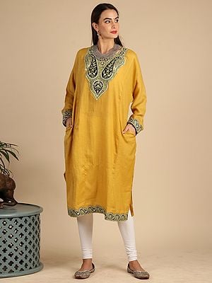 Golden-Spice Pure Wool Phiran From Kashmir With Tilla Embroidered Patch Paisley Motif On Neck And Border