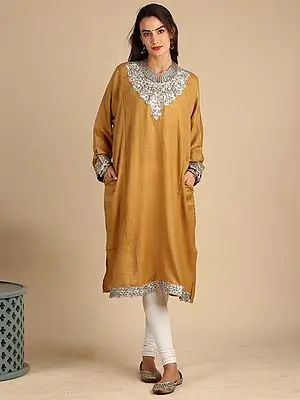 Harvest-Gold Pure Wool Tilla Embroidered Patch on Neck from Kashmir
