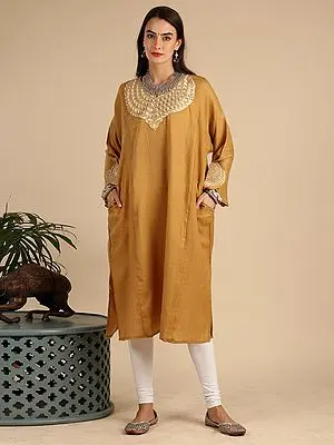 Spruce-Yellow Tilla Embroidered Patch Pure Wool Kashmiri Phiran