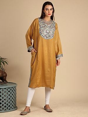 Tawny-Olive Pure Wool Phiran Tilla Embroidery Patch On Neck From Kashmir