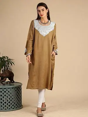 Apple-Cinnamon Pure Wool Tilla Silver Metallic Thread Embroidered Phiran from Kashmir