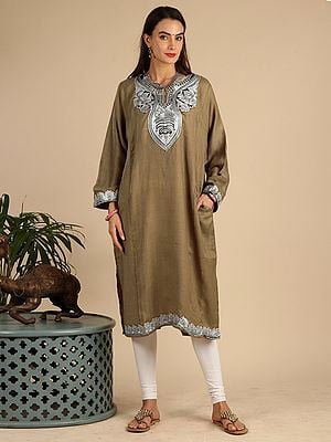 Spruce-Yellow Tilla Embroidered Patch Pure Wool Kashmiri Phiran