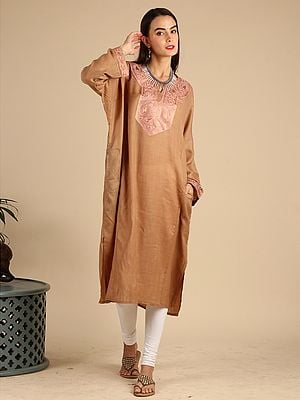 Tiger's-Eye Pure Wool Mango Butta Phiran From Kashmir With Tilla Embroidery Patch On Neck