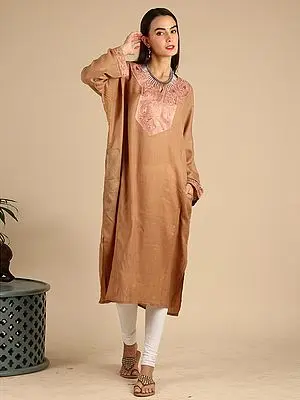 Tiger's-Eye Pure Wool Mango Butta Phiran from Kashmir with Tilla Embroidery Patch on Neck