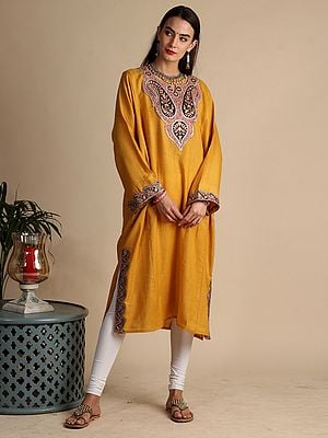 Golden-Yellow Tilla Embroidered Patch Mango Butta Pattern On Neck-Border Pure Wool Phiran From Kashmir