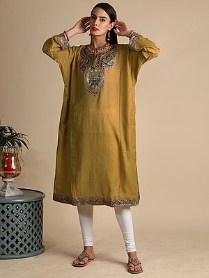 Tawny-Olive Pure Wool Tilla Golden Embroidered Patch On Neck Kashmiri Phiran