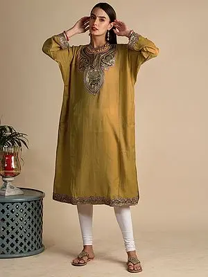 Tawny-Olive Pure Wool Tilla Golden Embroidered Patch on Neck Kashmiri Phiran