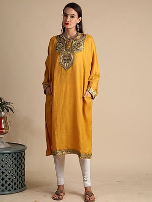 Mango-Mojito Pure Wool Patch Tilla Gold Metallic Thread Embroidered Phiran From Kashmir