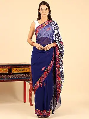 Deep-Cobalt Georgette Kashmiri Sari with Aari-Embroidered Maple Leaf Vine Motif