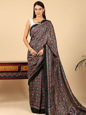 Moonlight-Blue Crepe Shimmer Fabric Ajrakh Pattern Digital Printed Saree With Tassels