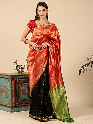 Black-Orange-Green Half And Half Wedding Sari from Bangalore with Golden Bootis and Brocaded Pallu