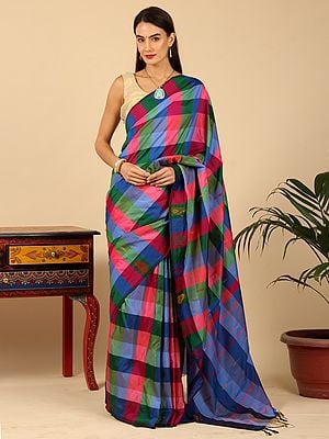 Multicolor Vibrant Checkered Sari from Tamil Nadu with Woven Bootis and Tassel Pallu