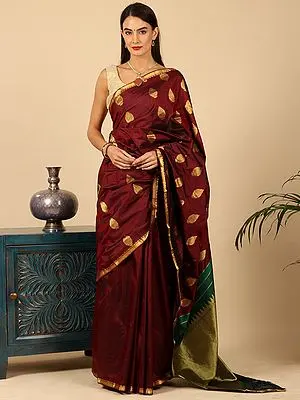 Winery Handloom Pure Silk Kanjivaram Saree from Tamil Nadu with Green Wide Brocaded Pallu