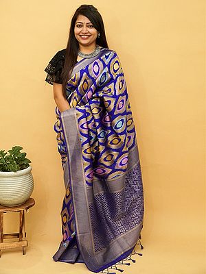 Multi Silk Banarasi Ogee Motif Saree With Interlocking Pattern On Pallu And Tassel