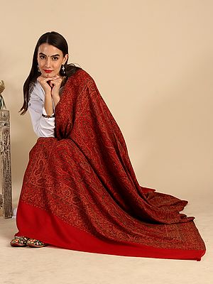 True-Red Kani Shawl With Antique Kashmiri Floral-Paisley Pattern